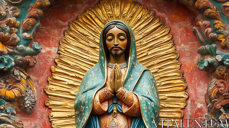 Stunning Religious Icon with Vibrant Teal Robe and Detailed Golden Elements AI Image