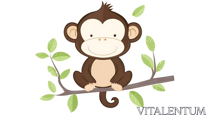 Adorable Monkey Cartoon Sitting on Tree Branch AI Image