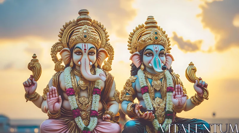 Divine Ganesha Sculptures at Dusk AI Image