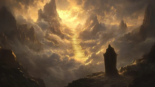 Ethereal Fantasy Scene of Cloaked Figure and Celestial Stairs