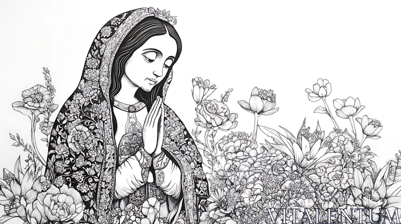 Devotional Saint with Intricate Floral Patterns and Blooms AI Image