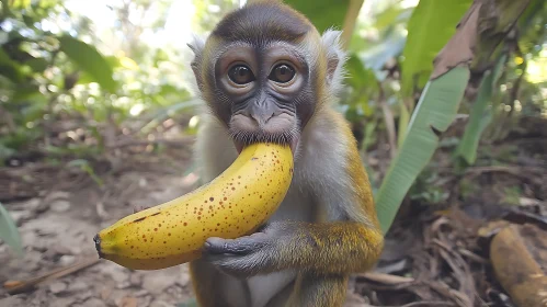 Young Monkey with Banana Amidst Lush Foliage