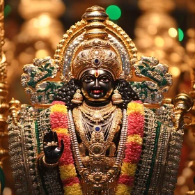 Intricate Hindu God Statue with Floral Garlands