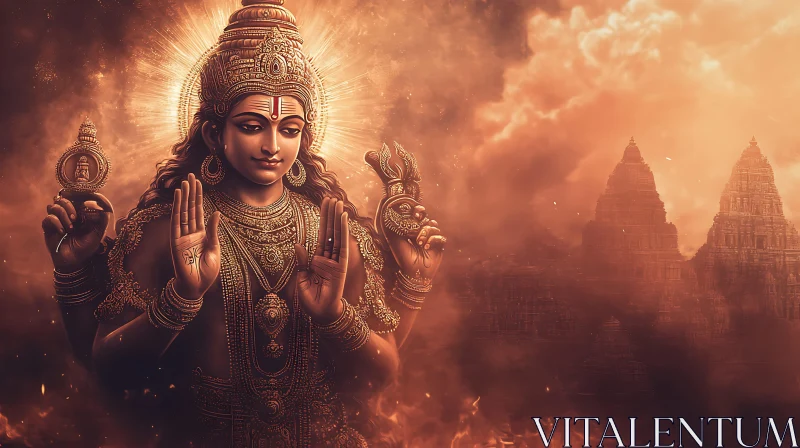 Divine Hindu Figure with Temples in Radiant Background AI Image