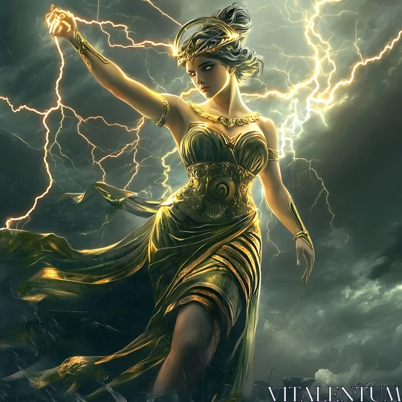 Majestic Goddess in Stormy Skies AI Image