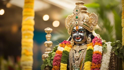 Deity Statue with Headdress and Garlands