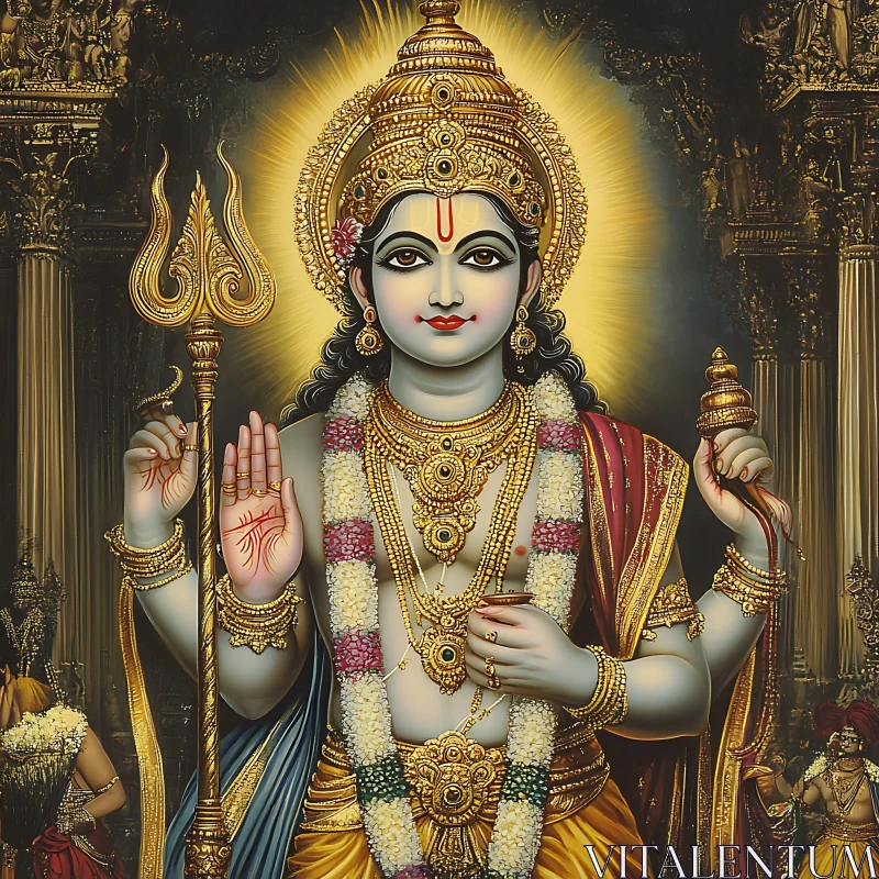 Majestic Hindu Deity with Trident and Holy Aura AI Image