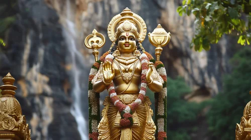 Golden Divine Statue Amidst Nature