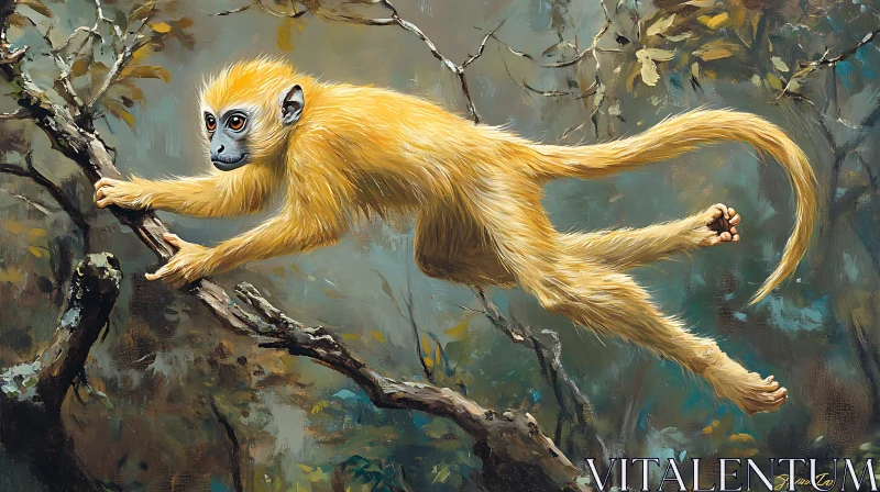 Agile Monkey with Yellow Fur in Forest AI Image