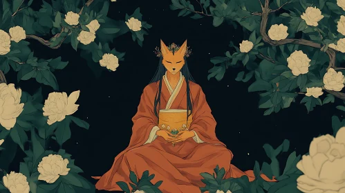 Serene Fox Meditating Among Flowers