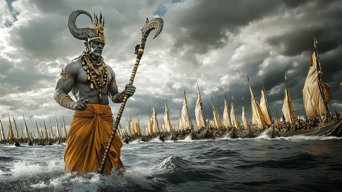 Colossal Divine Warrior Amidst Ancient War Fleet