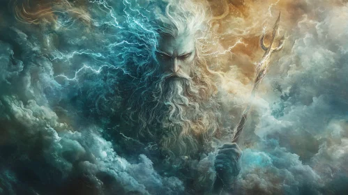 Storm God Wielding Trident Amidst Clouds