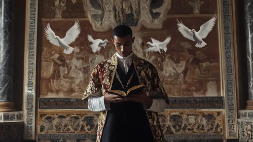 Man in Richly Decorated Room with Flying Doves