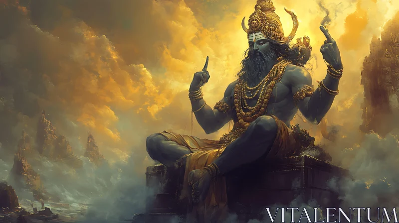 Mythical God Seated in Golden Cloudscape AI Image