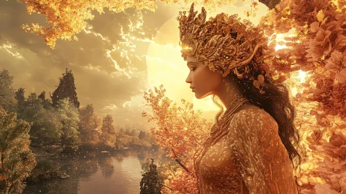 Golden-Hued Goddess in Enchanted Forest