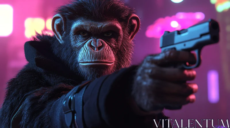 Armed Chimpanzee in Futuristic Neon Scene AI Image