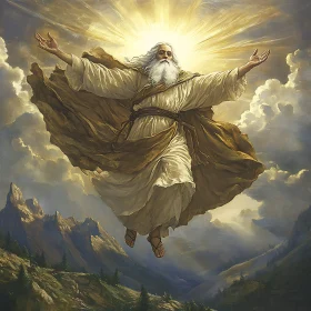 Divine Figure Ascending in a Heavenly Landscape