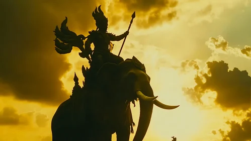 Majestic Warrior Statue on Elephant with Spear