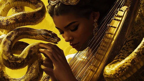 Enigmatic Melody: Woman, Harp, and Serpent