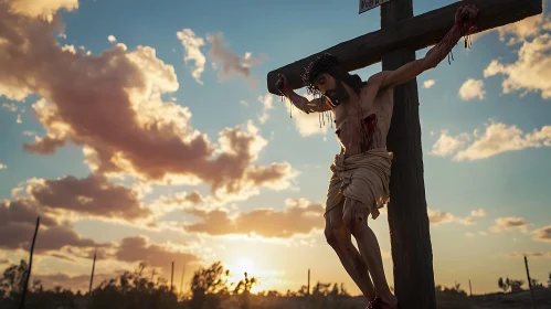 Crucifixion Depiction with Sunset