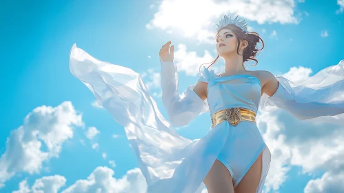 Ethereal Beauty in White Dress and Blue Sky