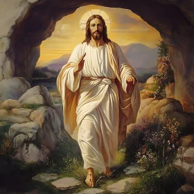 Spiritual Figure in White Robe Leaving a Cave at Sunset