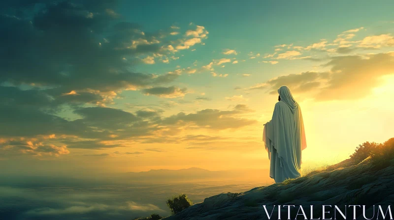 Contemplative Figure at Sunset on Hillside Contemplative Figure at Sunset on Hillside