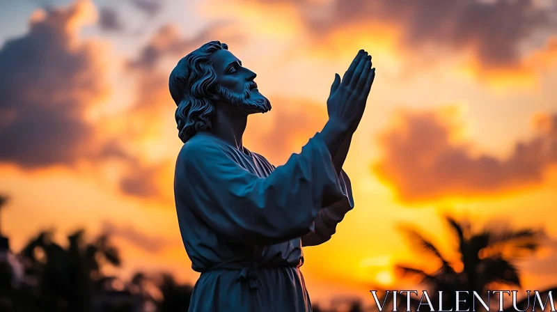 Statue in Prayer with Sunset Background AI Image