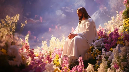 Peaceful Jesus amidst Vibrant Blossoms