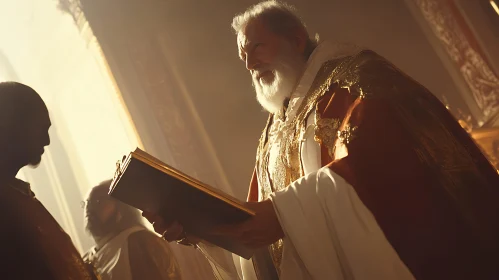 Solemn Priest Holding Sacred Text in Golden Ambiance
