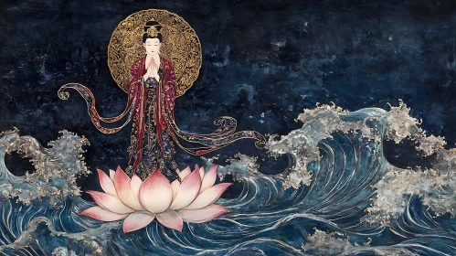 Meditative Image of Figure on Lotus in Ocean