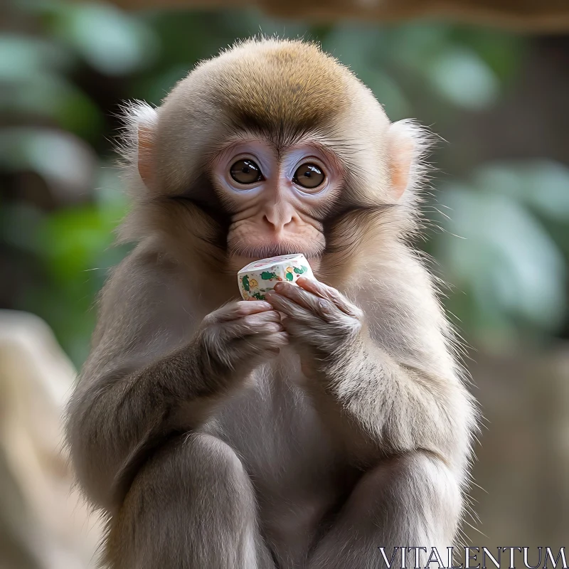 Charming Monkey with a Tiny Cup AI Image