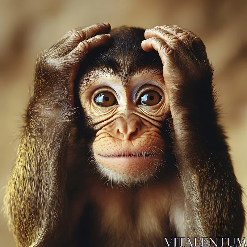 Close-Up of a Young Monkey Holding Its Head AI Image