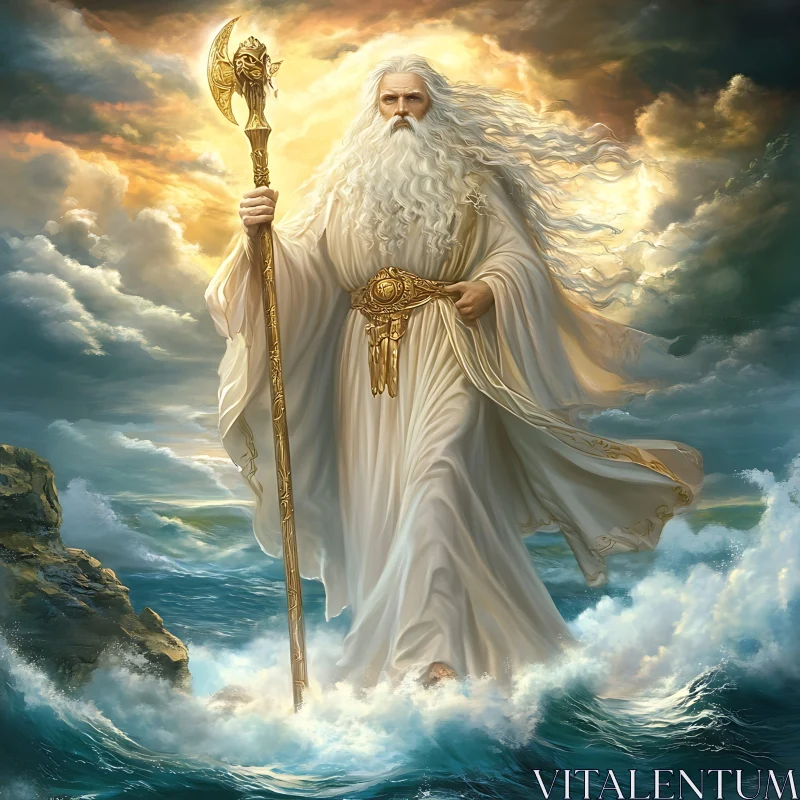 Ancient Deity in Stormy Seas AI Image