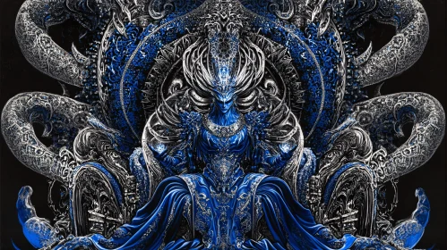 Mythical Surreal Figure in Elaborate Blue and Silver Patterns
