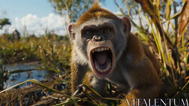 Wild Monkey Close-Up in Nature with Open Mouth AI Image