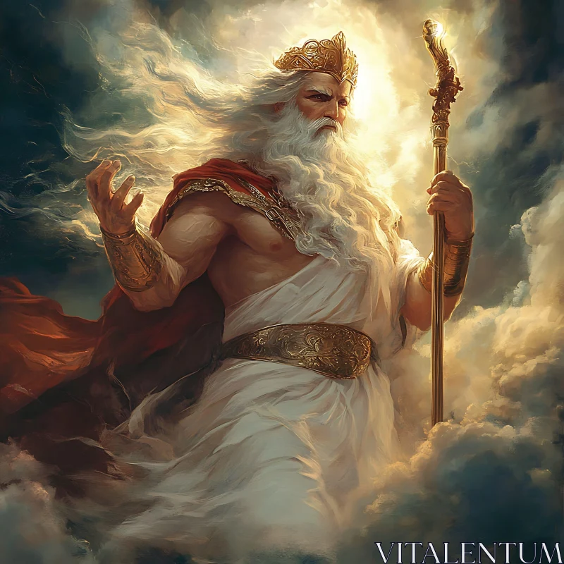 Divine Figure with Beard and Staff in a Cloudy Setting AI Image