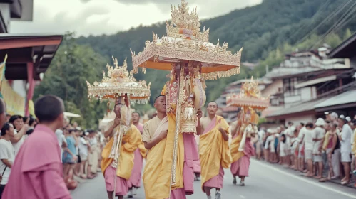 Traditional Festival Parade with Monks and Golden Umbrellas