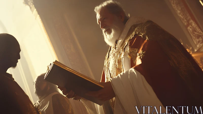 Solemn Priest Holding Sacred Text in Golden Ambiance AI Image