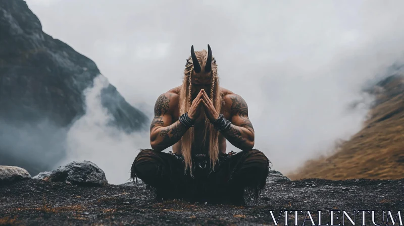 Foggy Mountain Meditation of a Horned Warrior AI Image