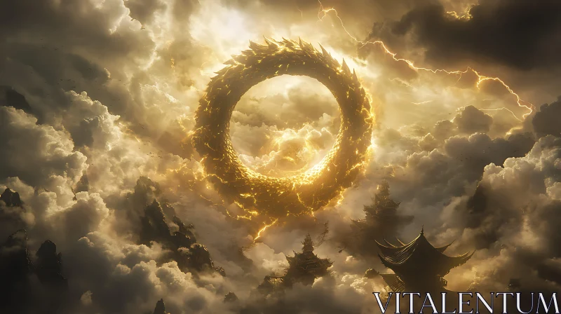 Golden Dragon Circle Above Mystical Temples AI Image