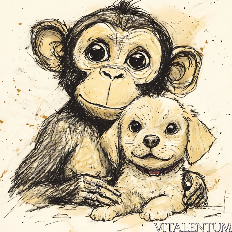 Charming Sketch of Baby Monkey and Puppy AI Image