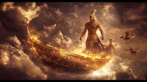 Majestic Egyptian God on a Glowing Golden Boat