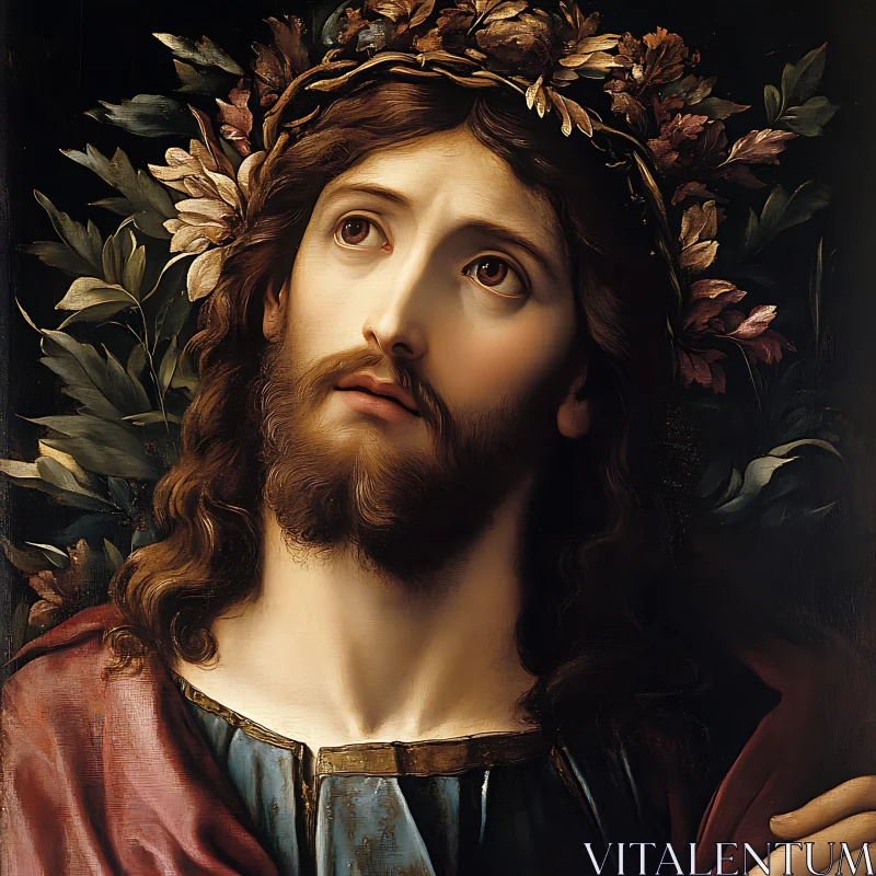 Contemplative Man with Floral Crown AI Image