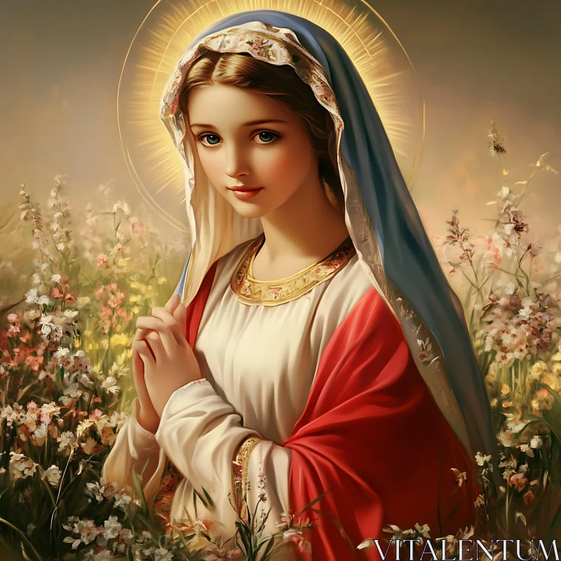 Heavenly Depiction of Virgin Mary with Flowers AI Image