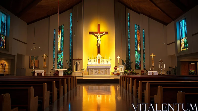 AI ART Majestic Church Interior with Crucifix and Stained Glass