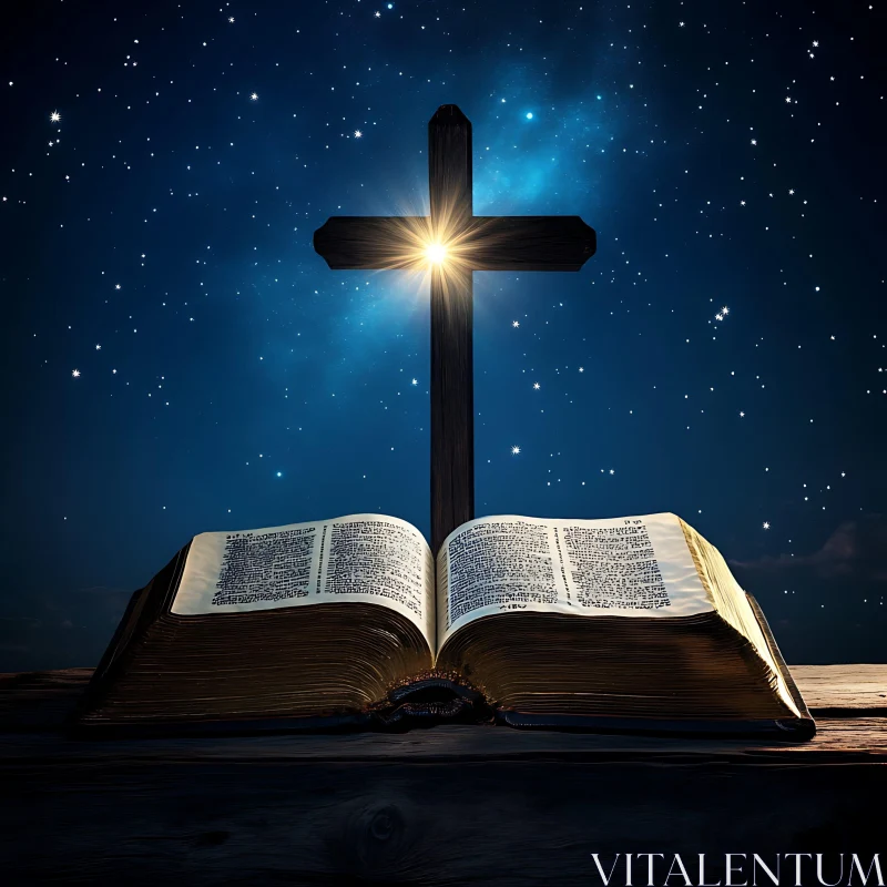 Radiant Cross and Bible at Night AI Image