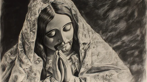 Intricate Black and White Religious Portrait Sketch