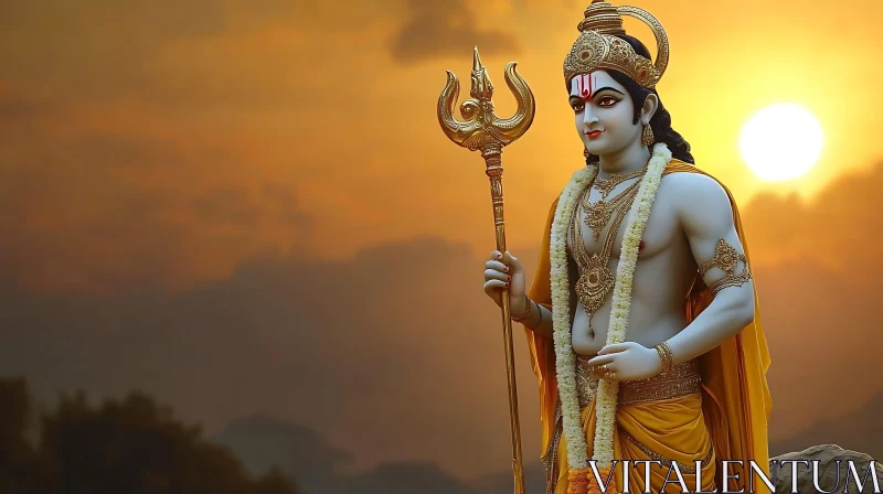 Divine Hindu God with Golden Jewelry and Sunset AI Image