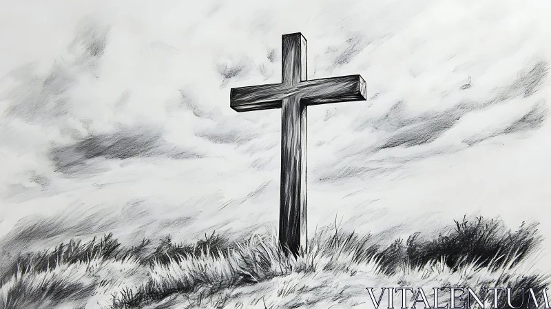 AI ART Solitary Wooden Cross in Sketched Landscape